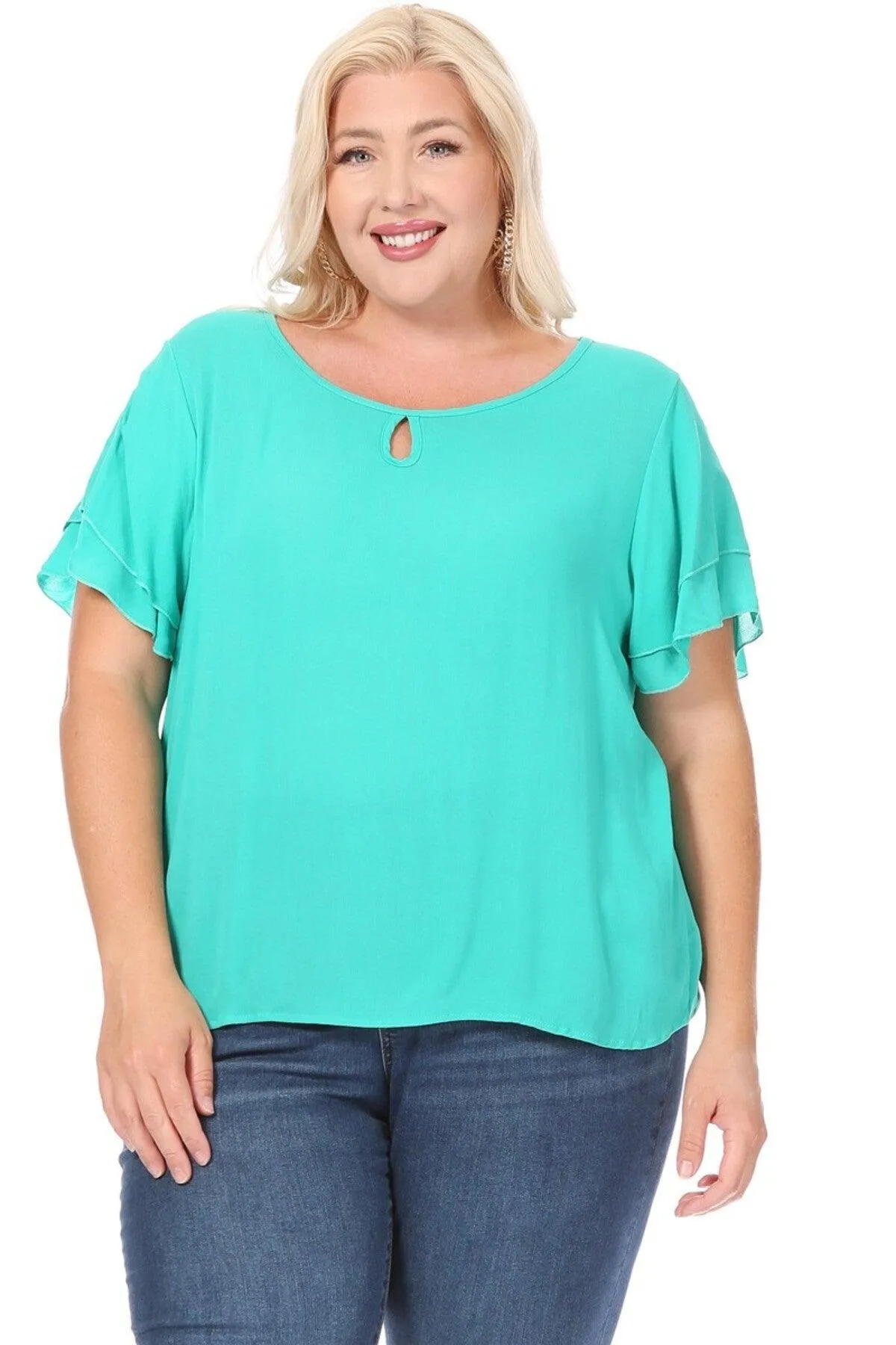 Women's Plus Size Solid Flowy Short Flutter Sleeve Key Hole Blouse