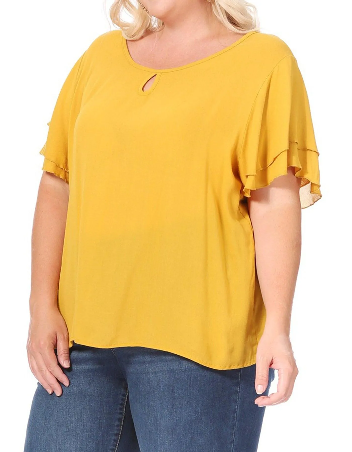 Women's Plus Size Solid Flowy Short Flutter Sleeve Key Hole Blouse