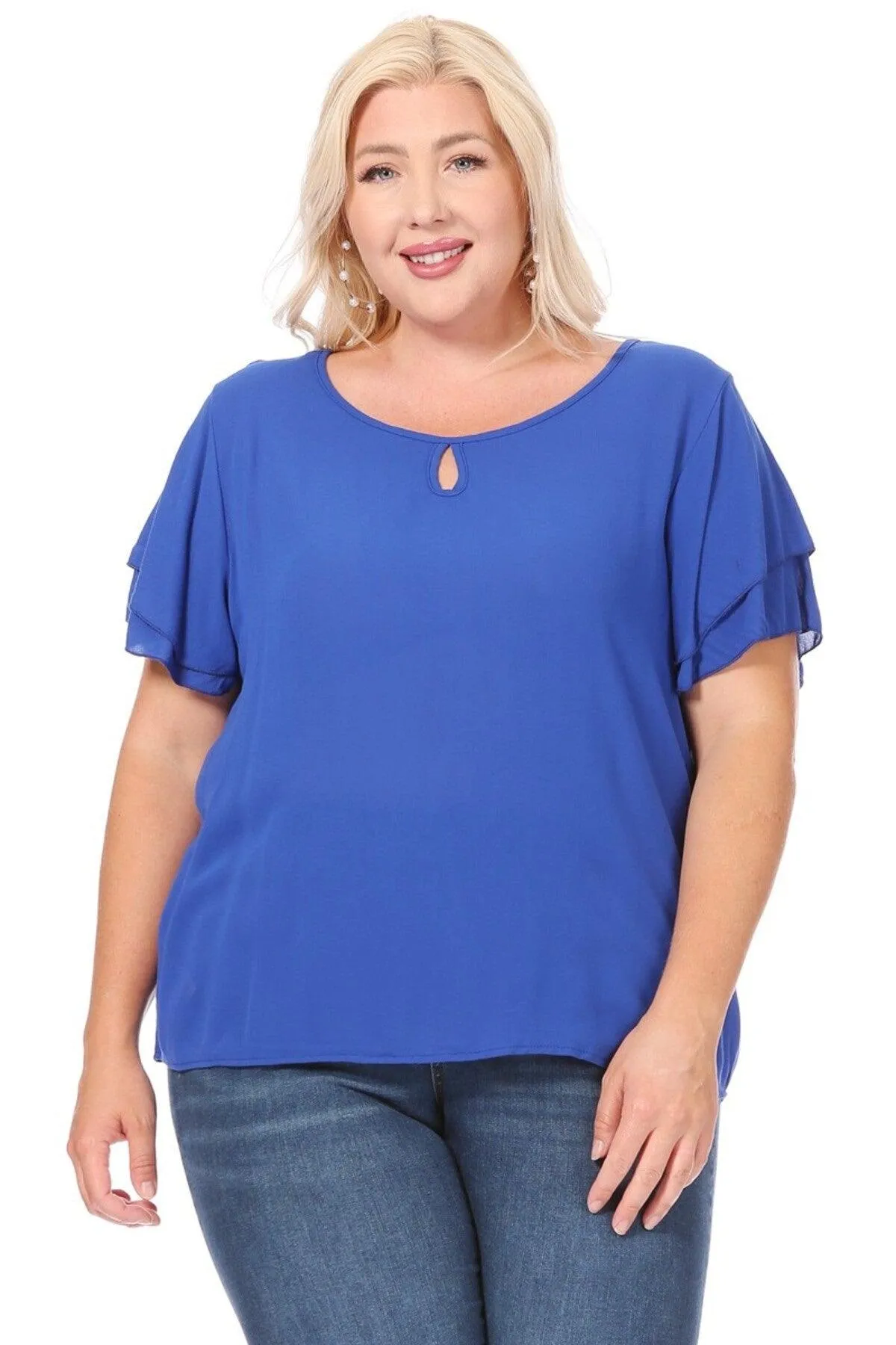 Women's Plus Size Solid Flowy Short Flutter Sleeve Key Hole Blouse