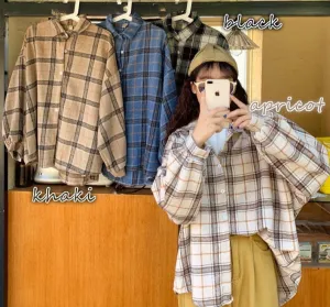 Yeknu Blouses Shirts Women Plaid All-match Harajuku Casual Loose Large Size 3XL Streetwear Preppy Batwing-sleeve Womens Outwear 4color