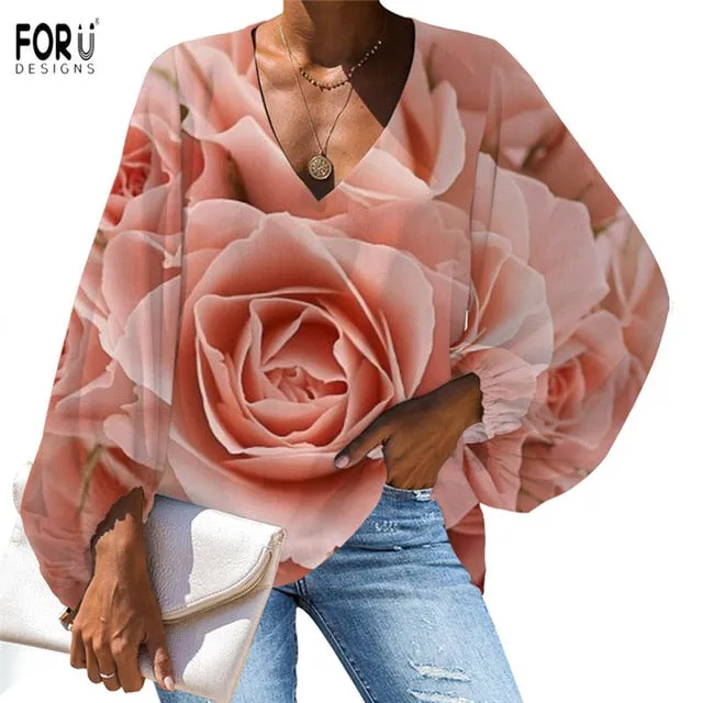 Yeknu Large Size Women Blouse Rose Pattern Flower Printing Casual Loose Long Sleeve Shirt Tops V-neck Female Clothing