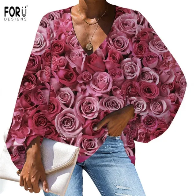 Yeknu Large Size Women Blouse Rose Pattern Flower Printing Casual Loose Long Sleeve Shirt Tops V-neck Female Clothing