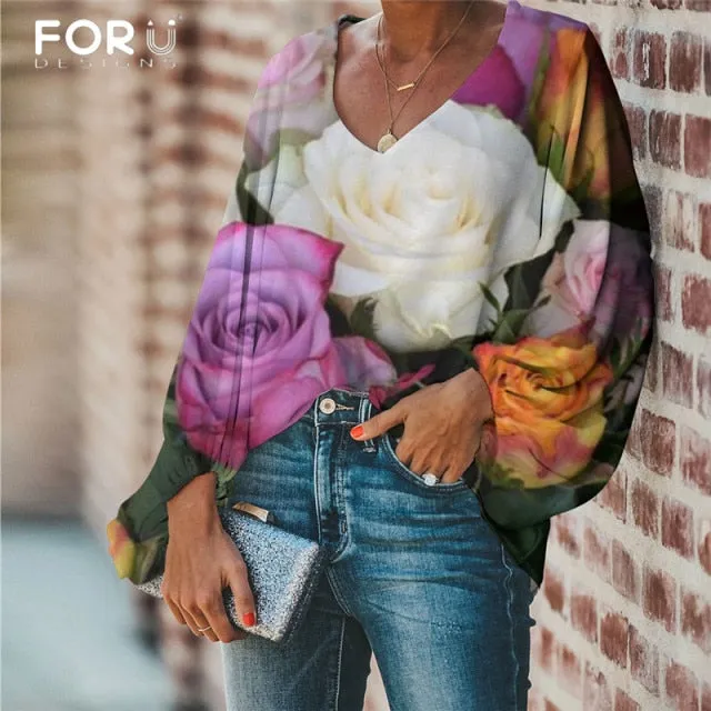 Yeknu Large Size Women Blouse Rose Pattern Flower Printing Casual Loose Long Sleeve Shirt Tops V-neck Female Clothing