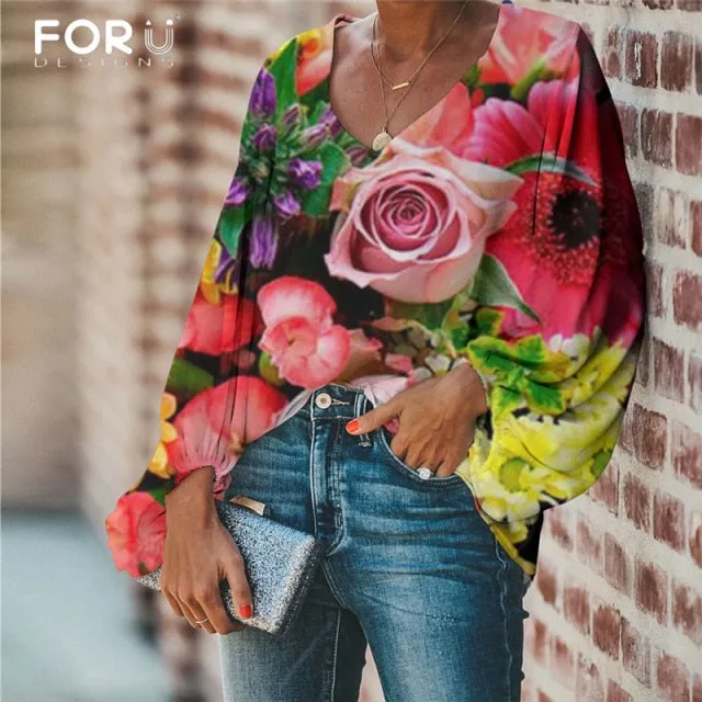 Yeknu Large Size Women Blouse Rose Pattern Flower Printing Casual Loose Long Sleeve Shirt Tops V-neck Female Clothing